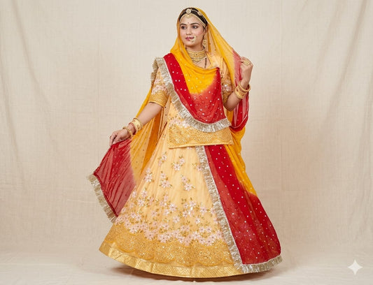 Elegant Rajasthani Poshak Partywear | Royal Net Lehenga with Odhani & Gota Work