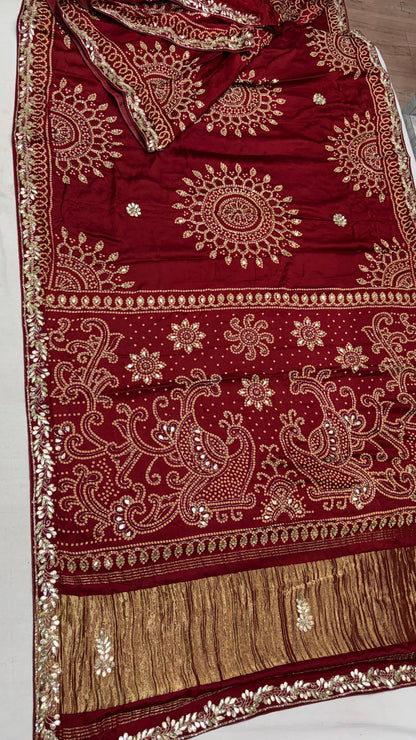Pure Gajji Silk Lakadi Patta Bandhej Saree – Beautiful Handwork Traditional Saree