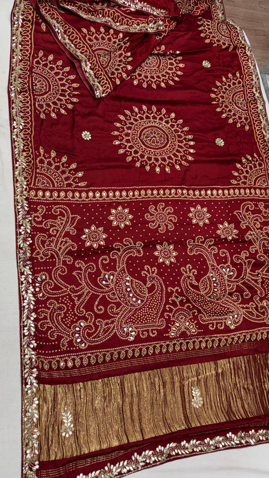 Pure Gajji Silk Lakadi Patta Bandhej Saree – Beautiful Handwork Traditional Saree