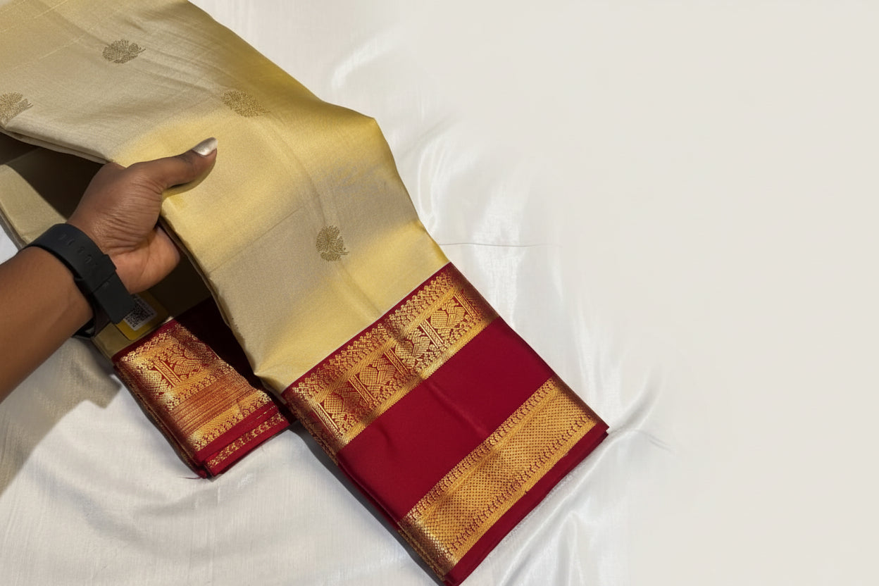 Off-White & Red Golden Work Kanchipuram Pure Silk Saree – Silk Mark Certified