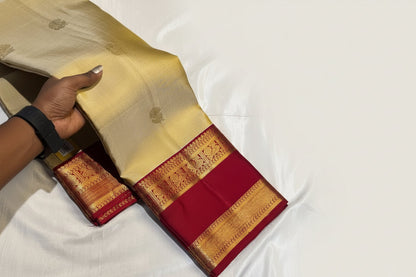 Off-White & Red Golden Work Kanchipuram Pure Silk Saree – Silk Mark Certified