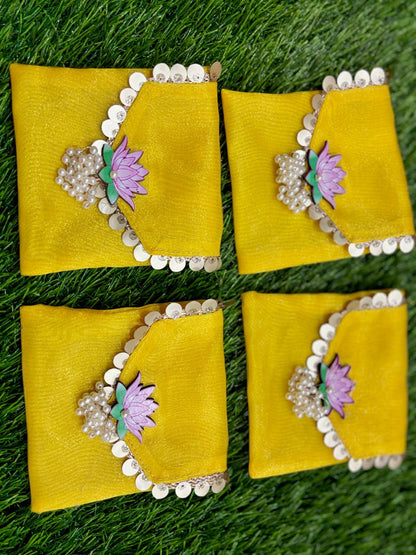 Lotus Embellished Organza Coin Pouch with Moti Latkan (Pack of 20) | Designer Shagun Bags