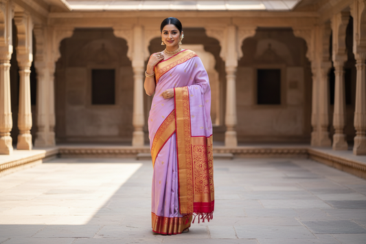 Mauve Rani Pink Kanjivaram Pure Silk Saree with Golden Work | Silk Mark Certified Bridal Saree