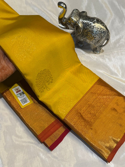 Yellow Red Pure Kanchipuram Silk Saree with Golden Tree Design – Silk Mark Certified