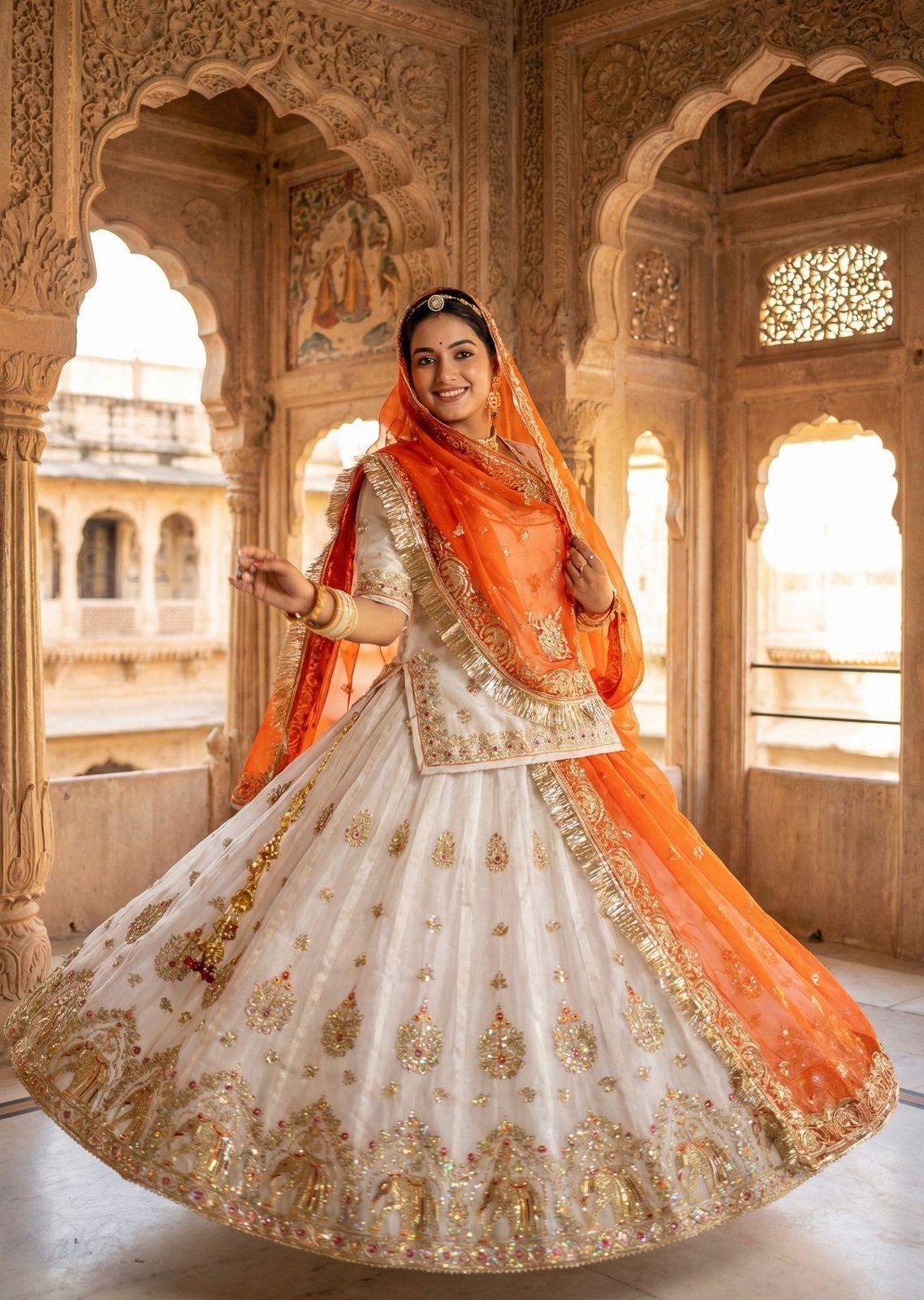 Designer Ivory Rajputi Poshak in Fendi Silk | Bridal Lehenga with Odhani (Unstitched)