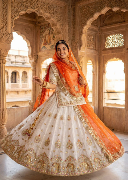 Designer Ivory Rajputi Poshak in Fendi Silk | Bridal Lehenga with Odhani (Unstitched)