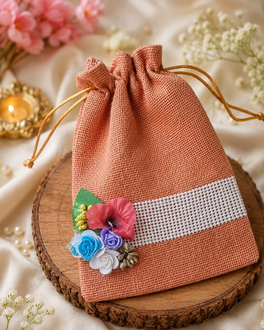 Floral Design Jute Potli Bag (6.5x9 inch) – Return Gift Bag for pooja Diwali, Wedding & Dry Fruits (500g)