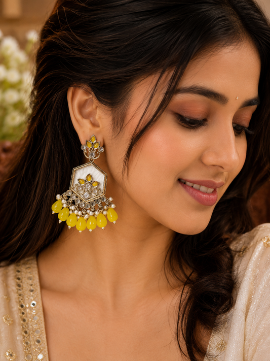 Yellow Stone Kundan Chandbali Earrings – Festive Pearl Drop Statement Jewelry
