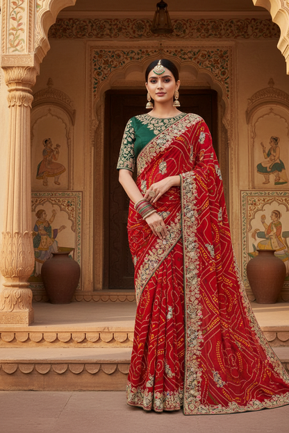 Traditional Handwork Chunri Pilla – Bandhani Georgette Saree with Heavy Embroidery Border