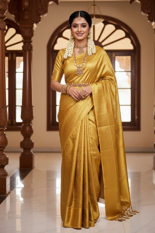 Pure Kanchipuram Silk Saree (Silk Mark Certified) – Gold Zari Woven Bridal Saree with Running Blouse