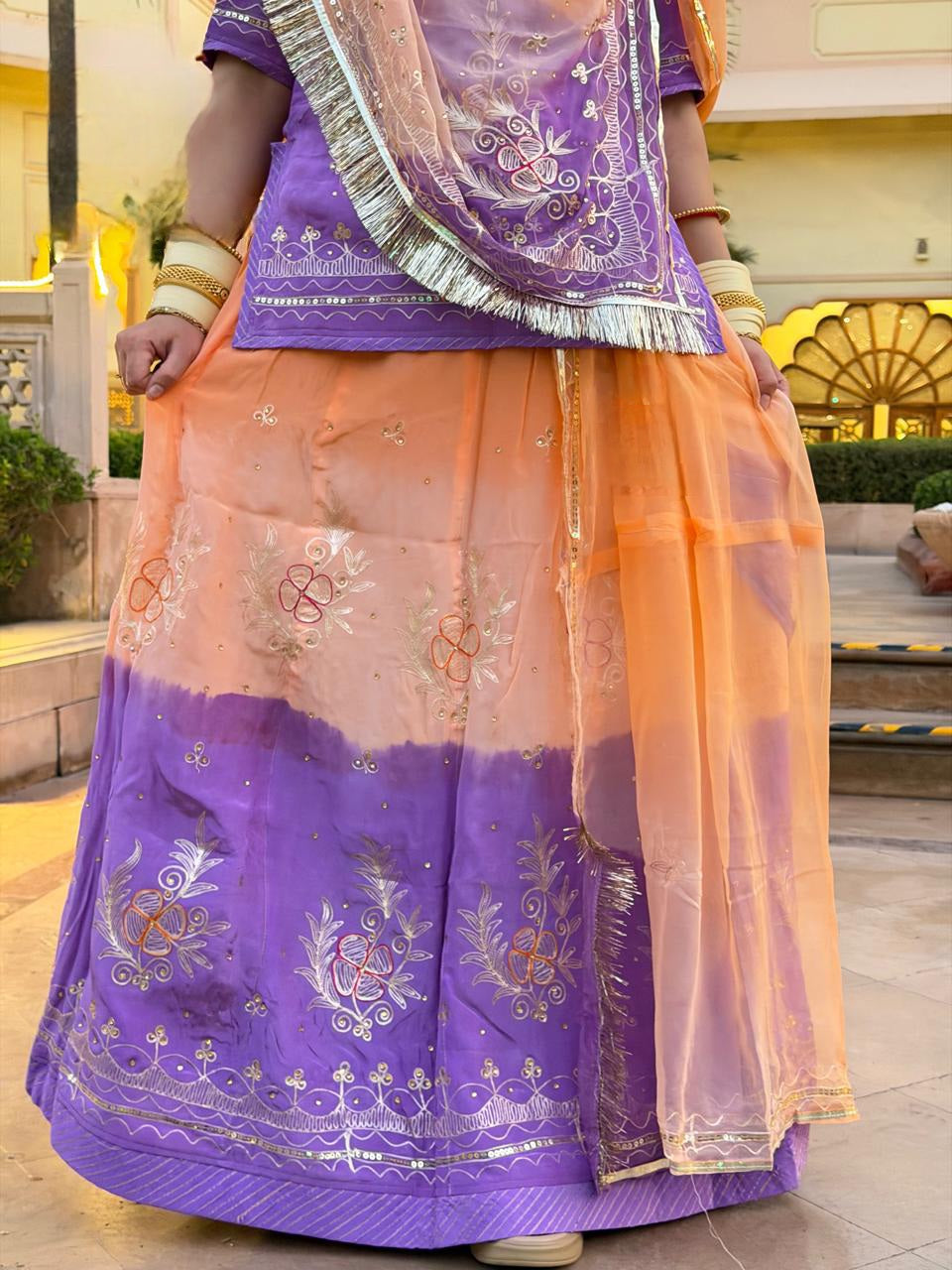 Shaded Crepe Partywear Poshak with Pure Odhna | Aari, Resham & Moti Work Designer Suit for Weddings