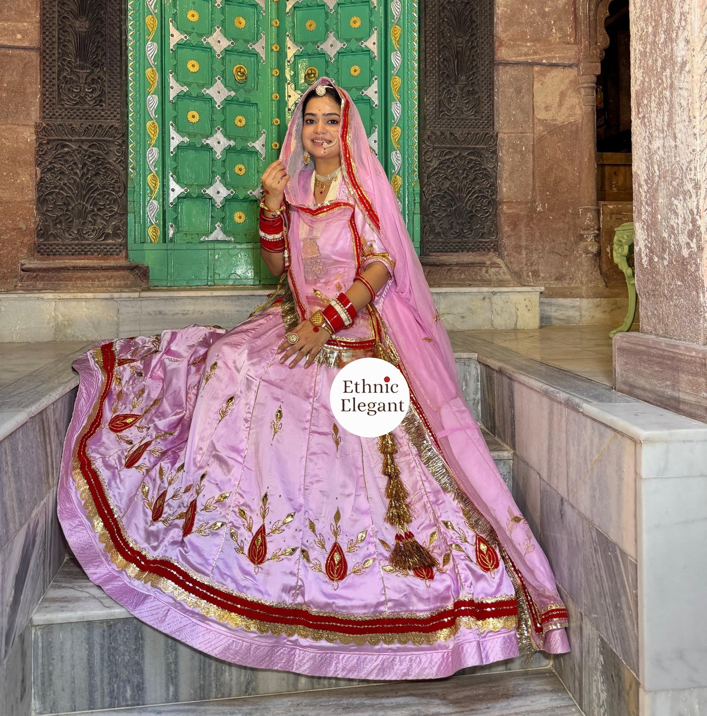 32 Kali Big Gher Rajputi Poshak – Satin Lehenga with Hamrahi Odhna & Gota Patti Work | Unstitched Partywear Poshak