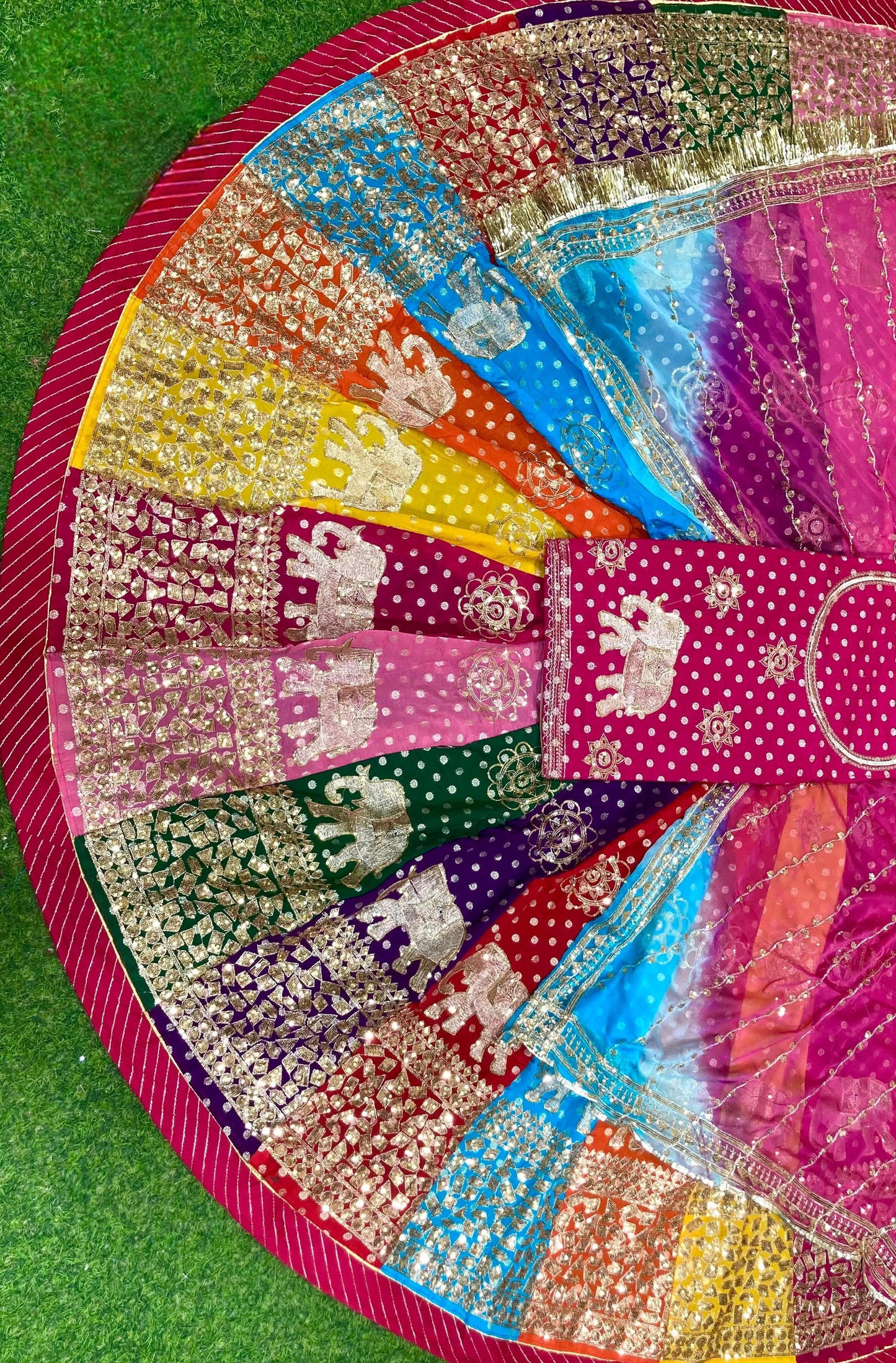 Traditional Multicolour  Royal Elephant work Rajasthani Poshak – Banarasi 32 Kali Lehenga with Zari & Sequin Work