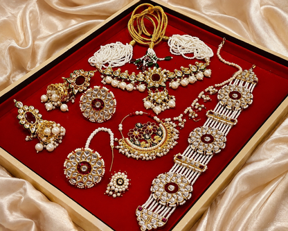 Kundan Bridal Jewelry Set with Red Stone – Rajwadi Pearl Poshak Full Wedding Collection