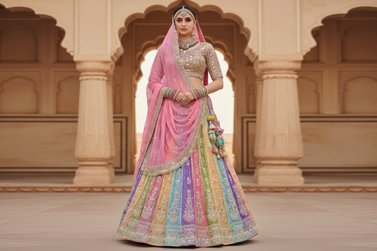 Designer 3 Mtr Gher Gold Crush Poshak | Heavy Zari Resham Handwork | Humrahi Pure Odhni