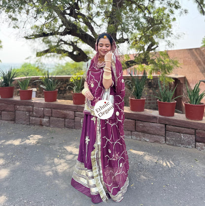 Natural Crape Wine Color Poshak | Heavy Gotta Patti Handwork & Pure Odhana | Party Wear