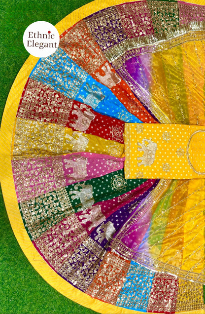 Traditional Multicolour  Royal Elephant work Rajasthani Poshak – Banarasi 32 Kali Lehenga with Zari & Sequin Work