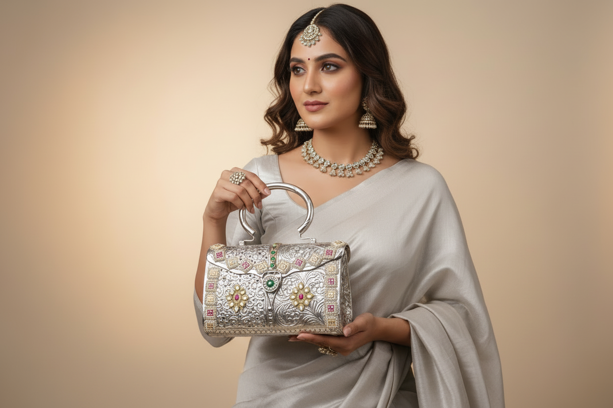 Royal Silver Gem Metal Clutch Bag