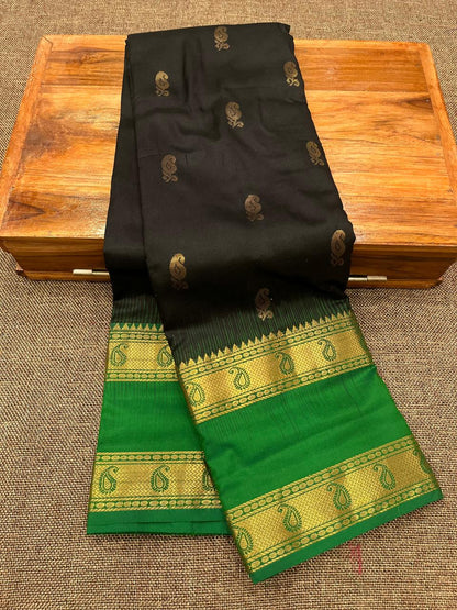 Kanjivaram Pure Silk Paithani Saree – Traditional Zari Border with Shoulder Butti & Contrast Blouse