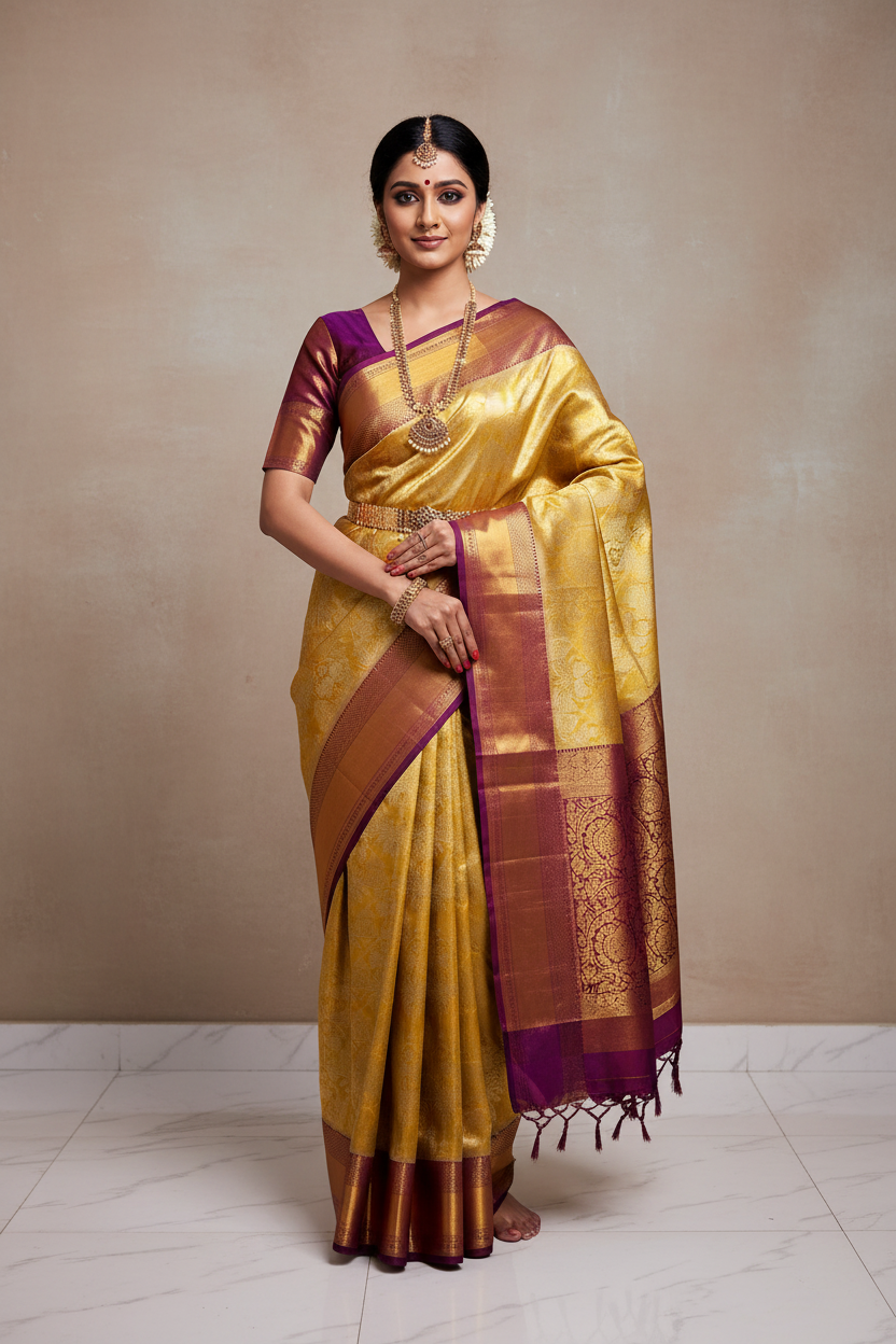 Handloom Floral Kanjipuram Pure Pattu Silk Saree – Bridal Silk Mark Certified