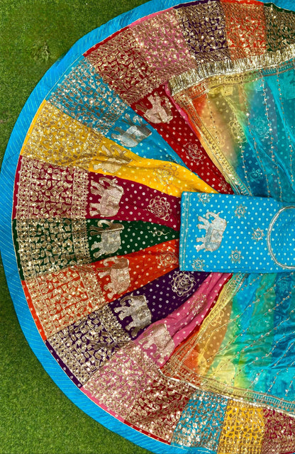 Traditional Multicolour  Royal Elephant work Rajasthani Poshak – Banarasi 32 Kali Lehenga with Zari & Sequin Work