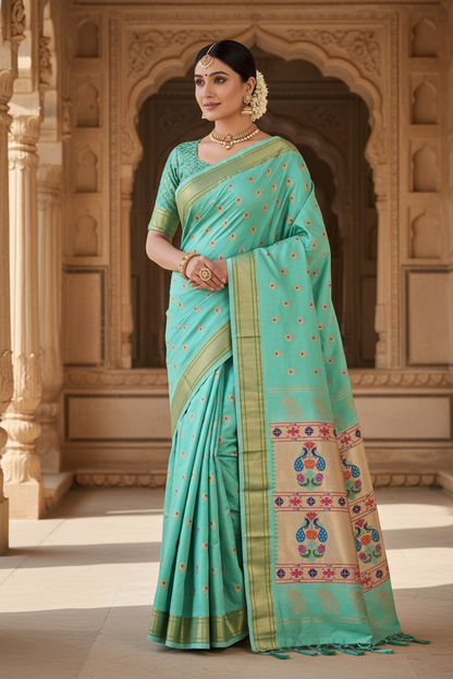 Pure Silk Paithani Saree with Maharani Pallu & Meenakari Buti – Kalanjali Collection