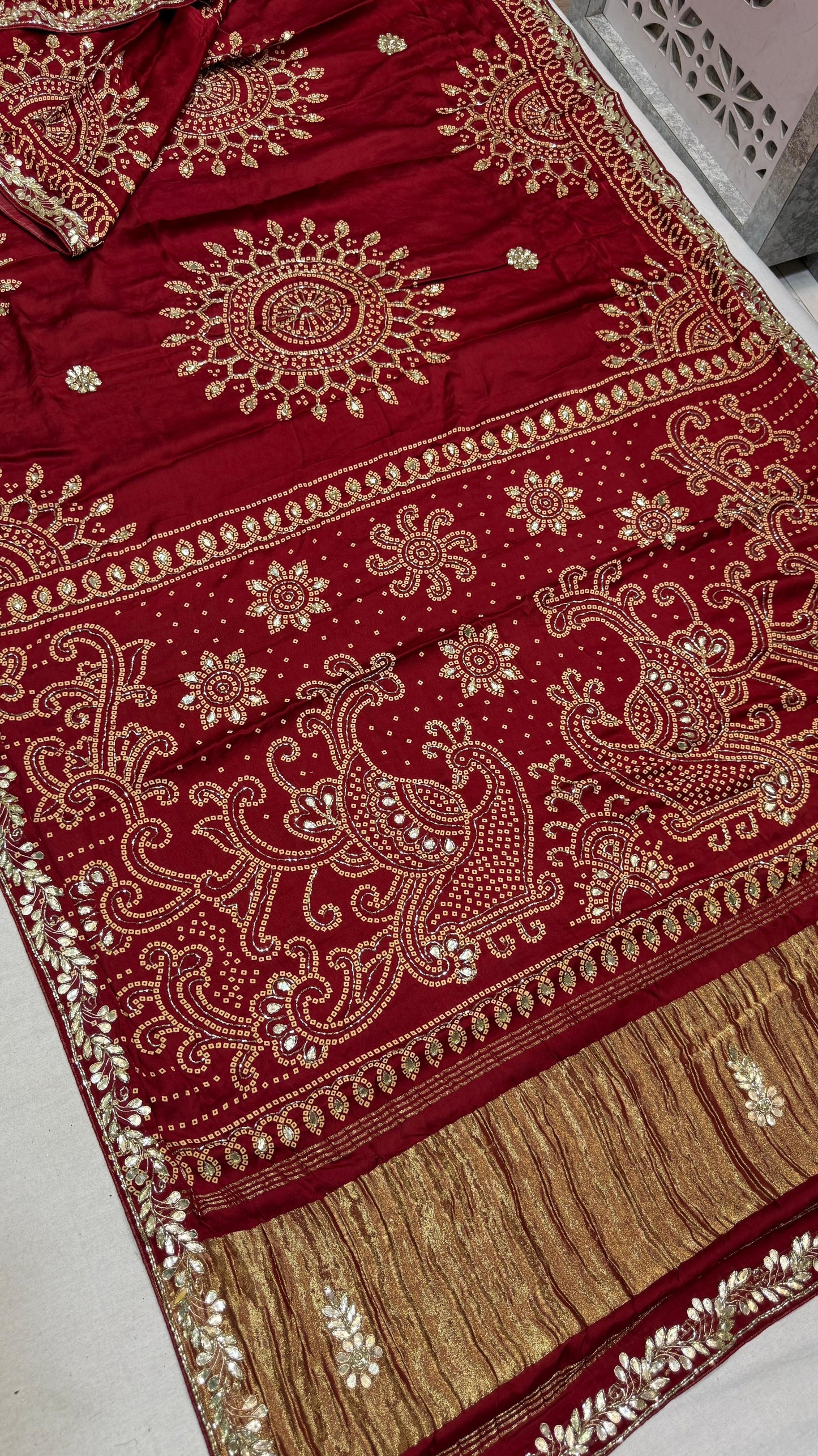Pure Gajji Silk Lakadi Patta Bandhej Saree – Beautiful Handwork Traditional Saree
