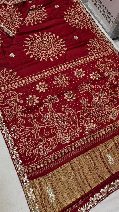 Pure Gajji Silk Lakadi Patta Bandhej Saree – Beautiful Handwork Traditional Saree
