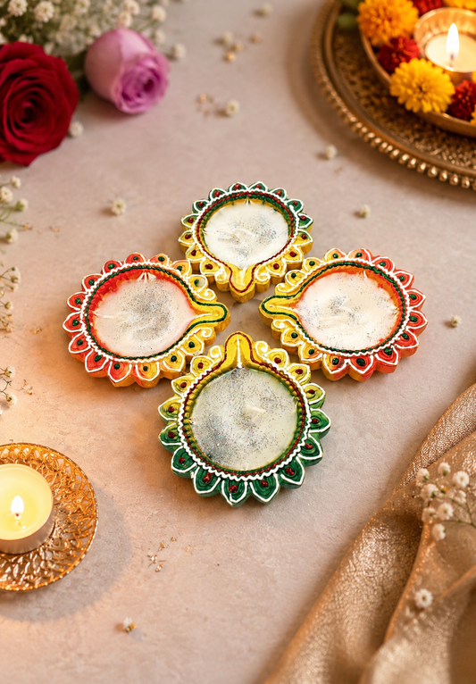 Beautiful rangoli design mitti( terracotta) wax diya 🪔 pack of 4