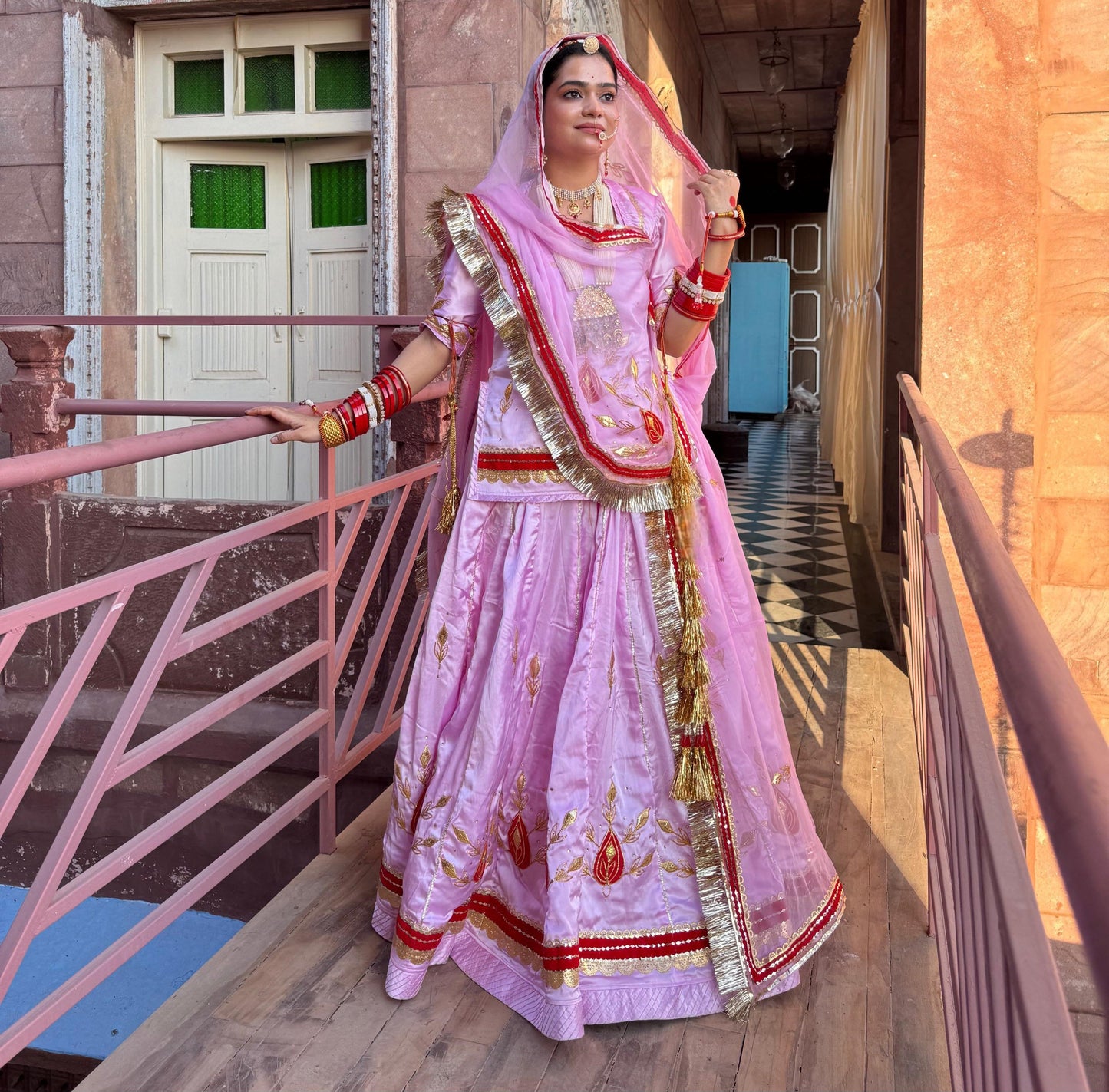 32 Kali Big Gher Rajputi Poshak – Satin Lehenga with Hamrahi Odhna & Gota Patti Work | Unstitched Partywear Poshak