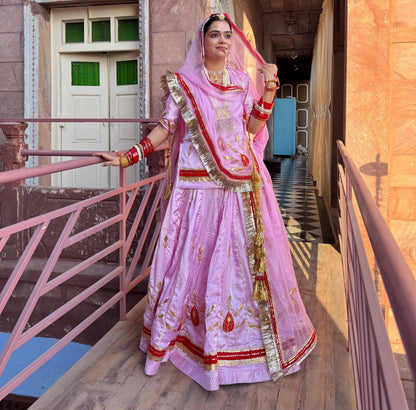32 Kali Big Gher Rajputi Poshak – Satin Lehenga with Hamrahi Odhna & Gota Patti Work | Unstitched Partywear Poshak