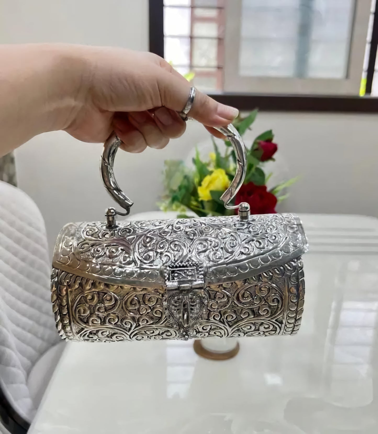 Royal Handcrafted Silver Brass Heritage Clutch with Intricate Design