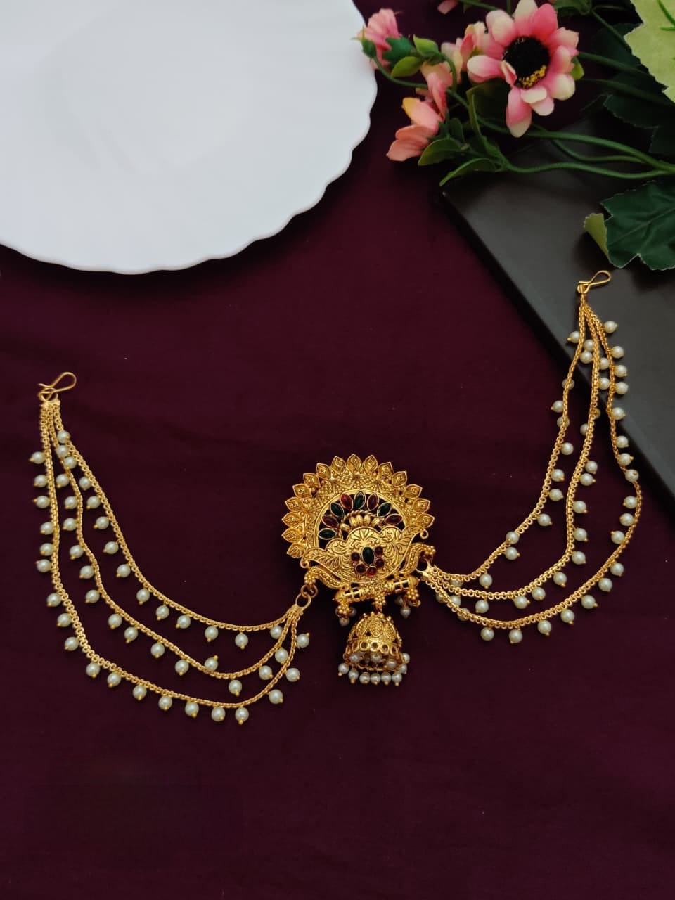 Antique Gold Hair Brooch with Chain – Bridal Juda Pin 3 Layer Hair Accessory for Wedding & Festive Wear