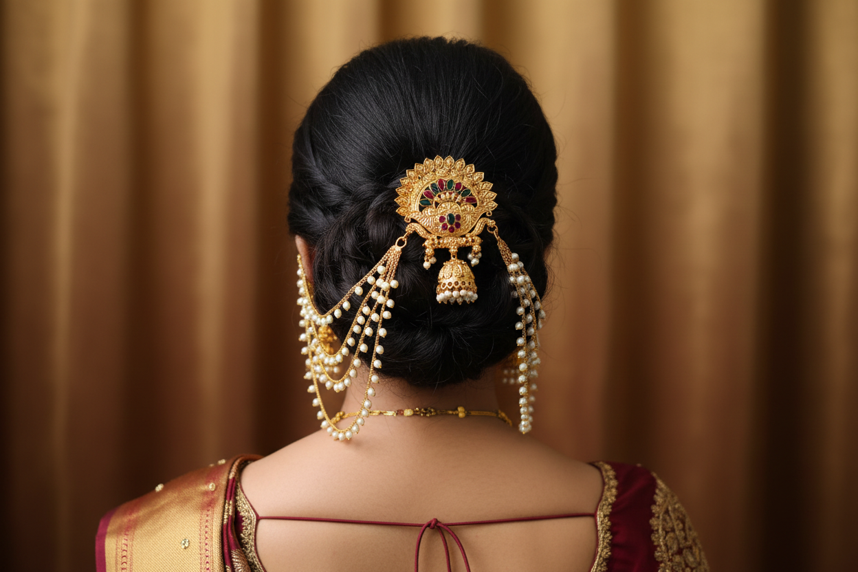 Antique Gold Hair Brooch with Chain – Bridal Juda Pin 3 Layer Hair Accessory for Wedding & Festive Wear