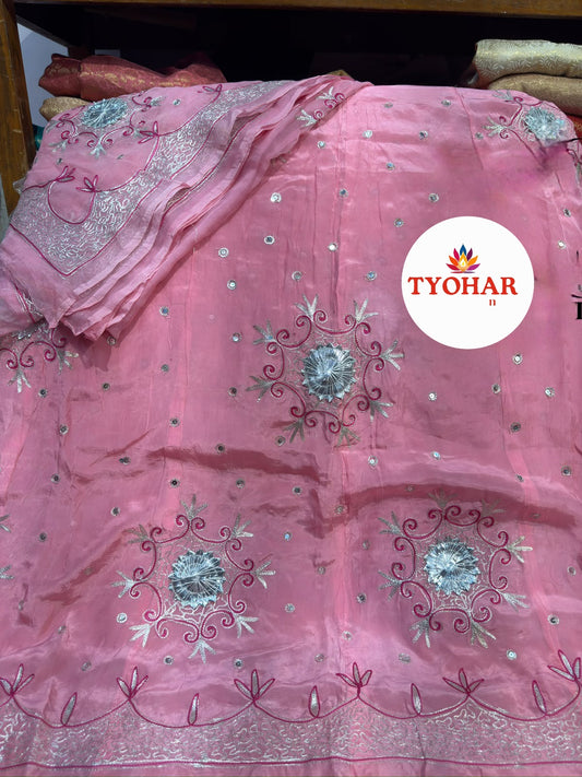 Rajputi Boutique Poshak – Heavy Natural Odhna with Zari, Taara & Resham Silver zari Handwork 12 kali poshak