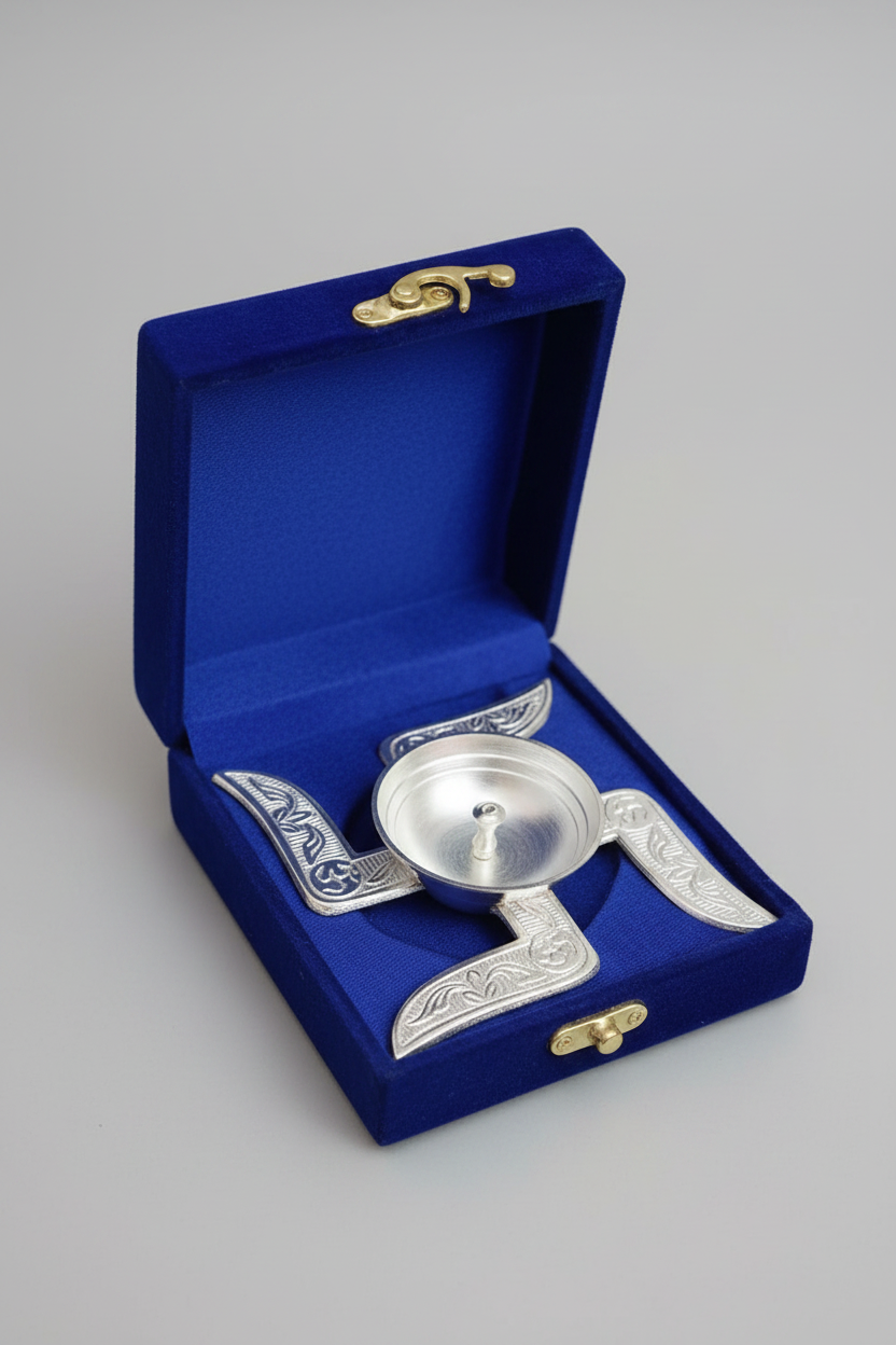 Silver Swastik Diya with Velvet Gift Box | Festive Gift Pack of 6
