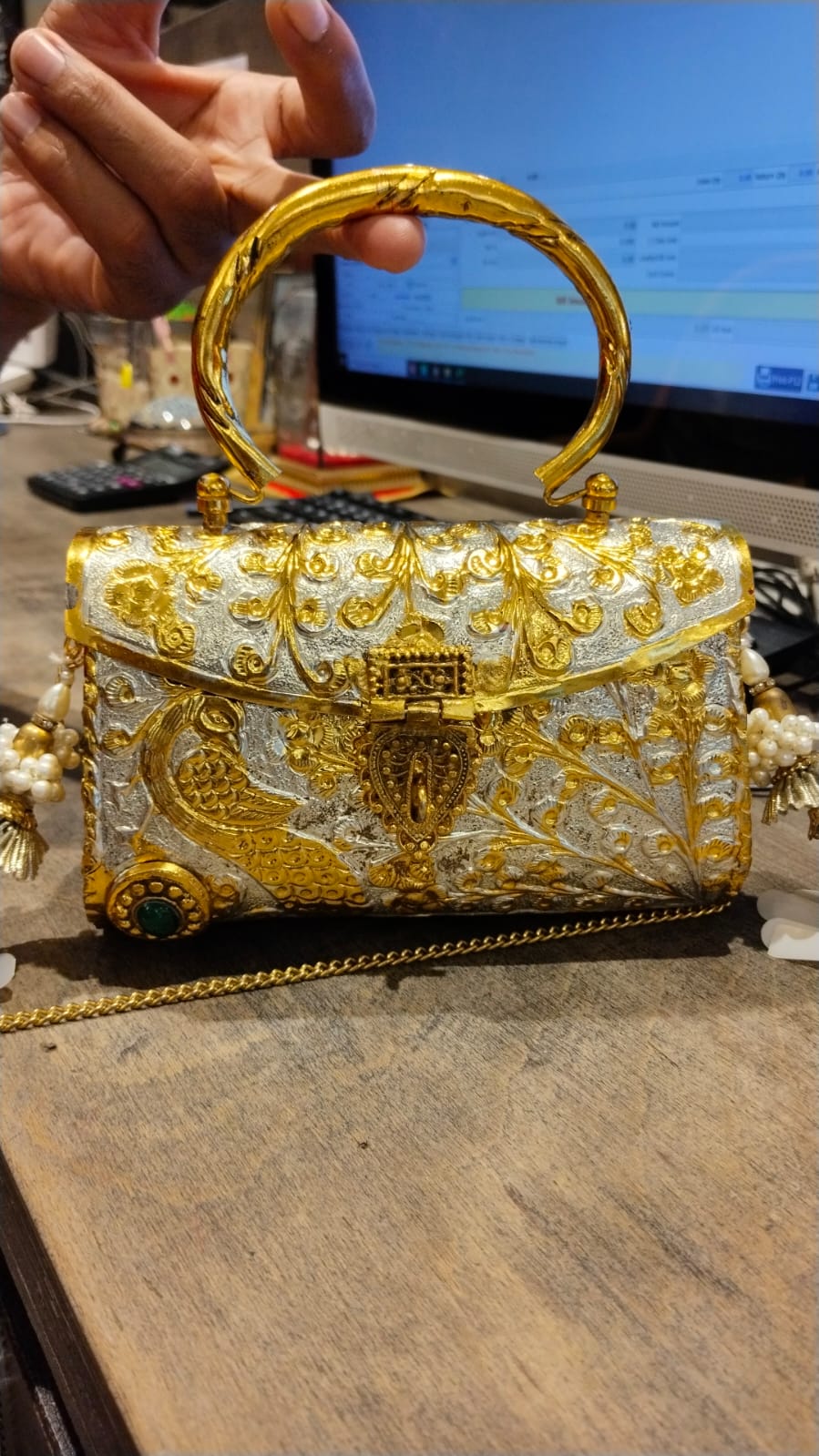 Royal Double Tone Gold & Silver Brass Bridal Clutch Bag