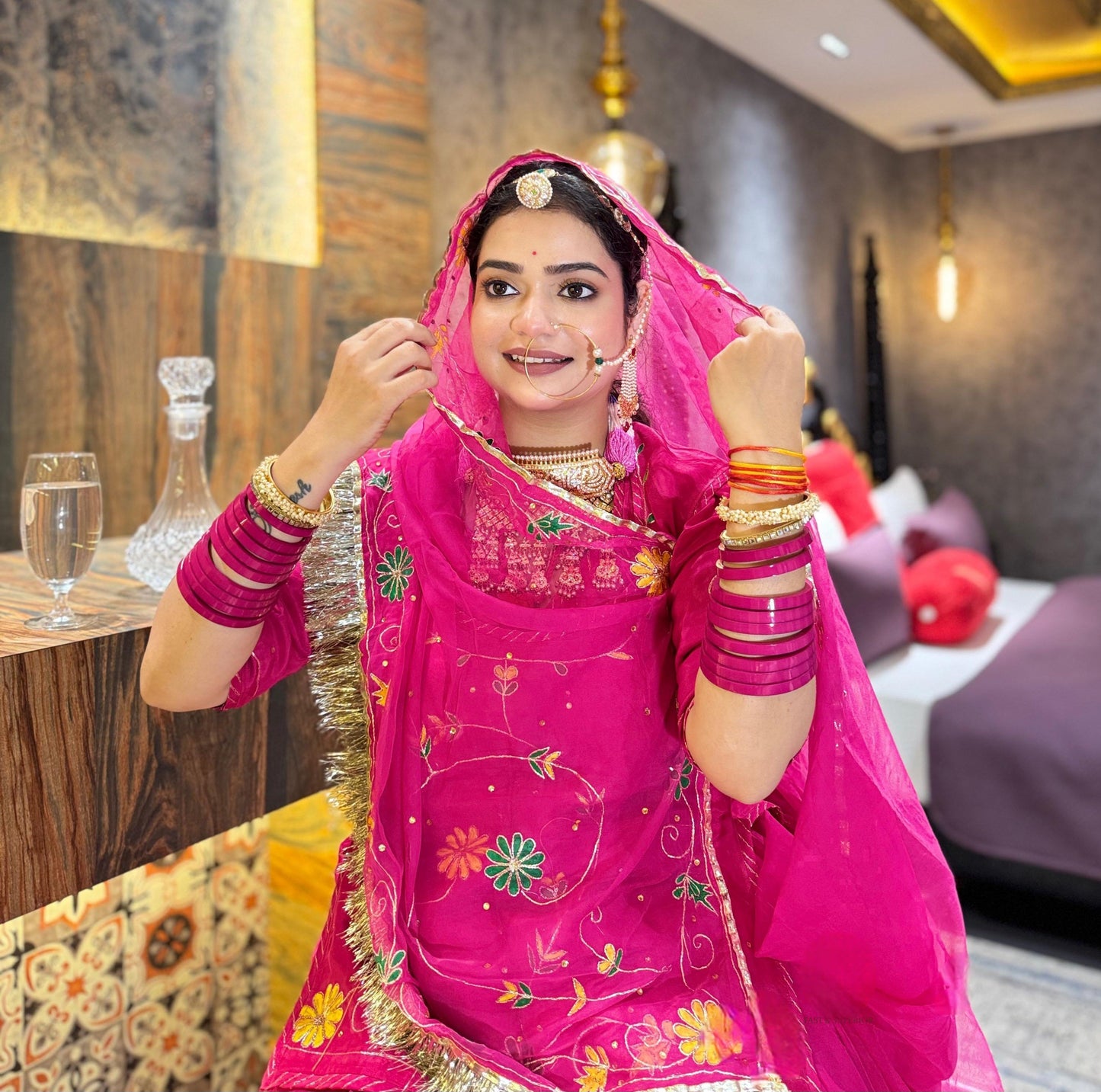 Rani Pink Upada Silk Rajputi Poshak – Hand Painted Aari Work Designer Lehenga with Heavy Odhani