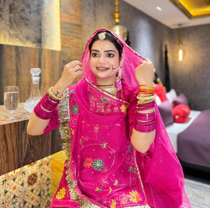 Rani Pink Upada Silk Rajputi Poshak – Hand Painted Aari Work Designer Lehenga with Heavy Odhani