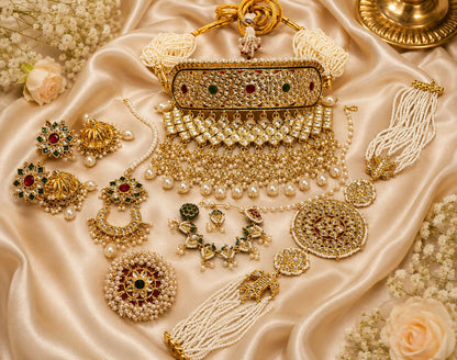 Gold Kundan Bridal Jewelry Set – Heavy Choker Rajwadi Poshak Full Wedding Collection (Pearl Work)