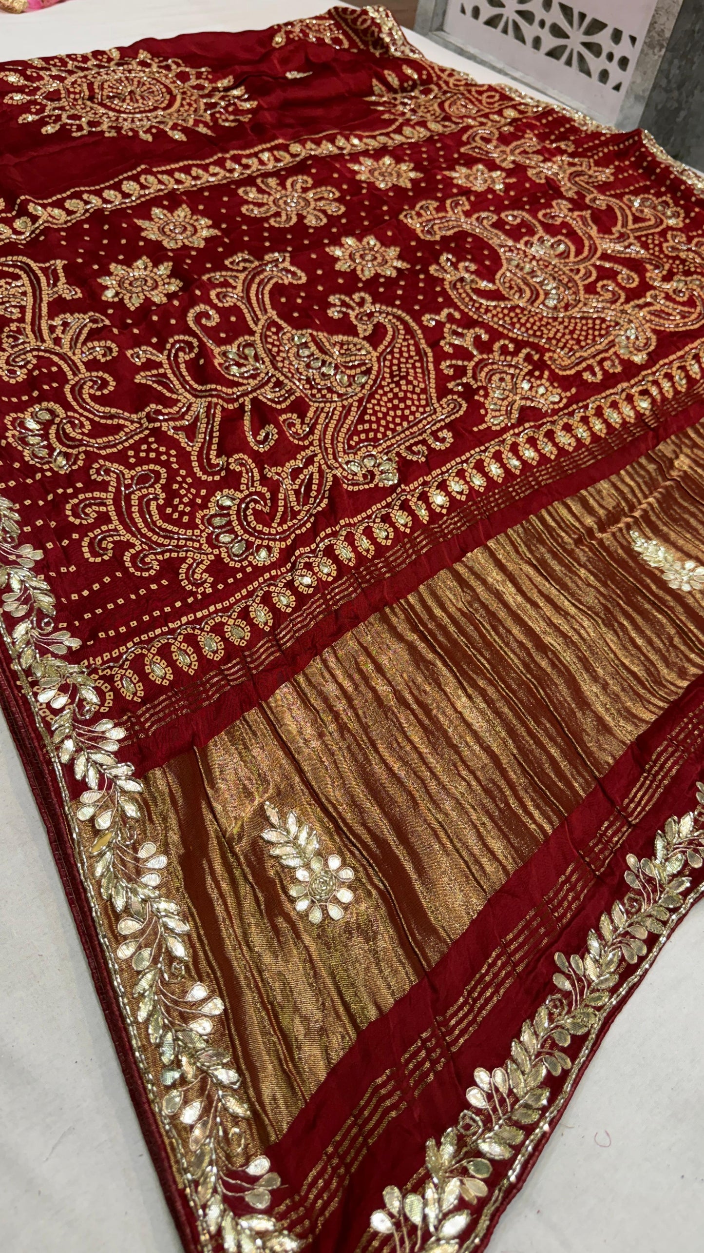 Pure Gajji Silk Lakadi Patta Bandhej Saree – Beautiful Handwork Traditional Saree