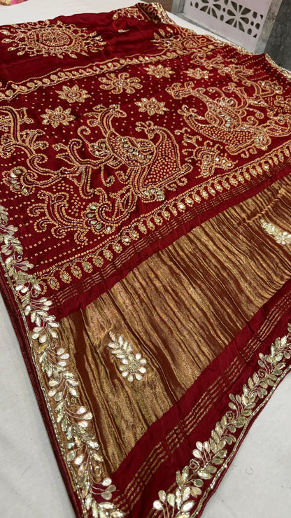 Pure Gajji Silk Lakadi Patta Bandhej Saree – Beautiful Handwork Traditional Saree