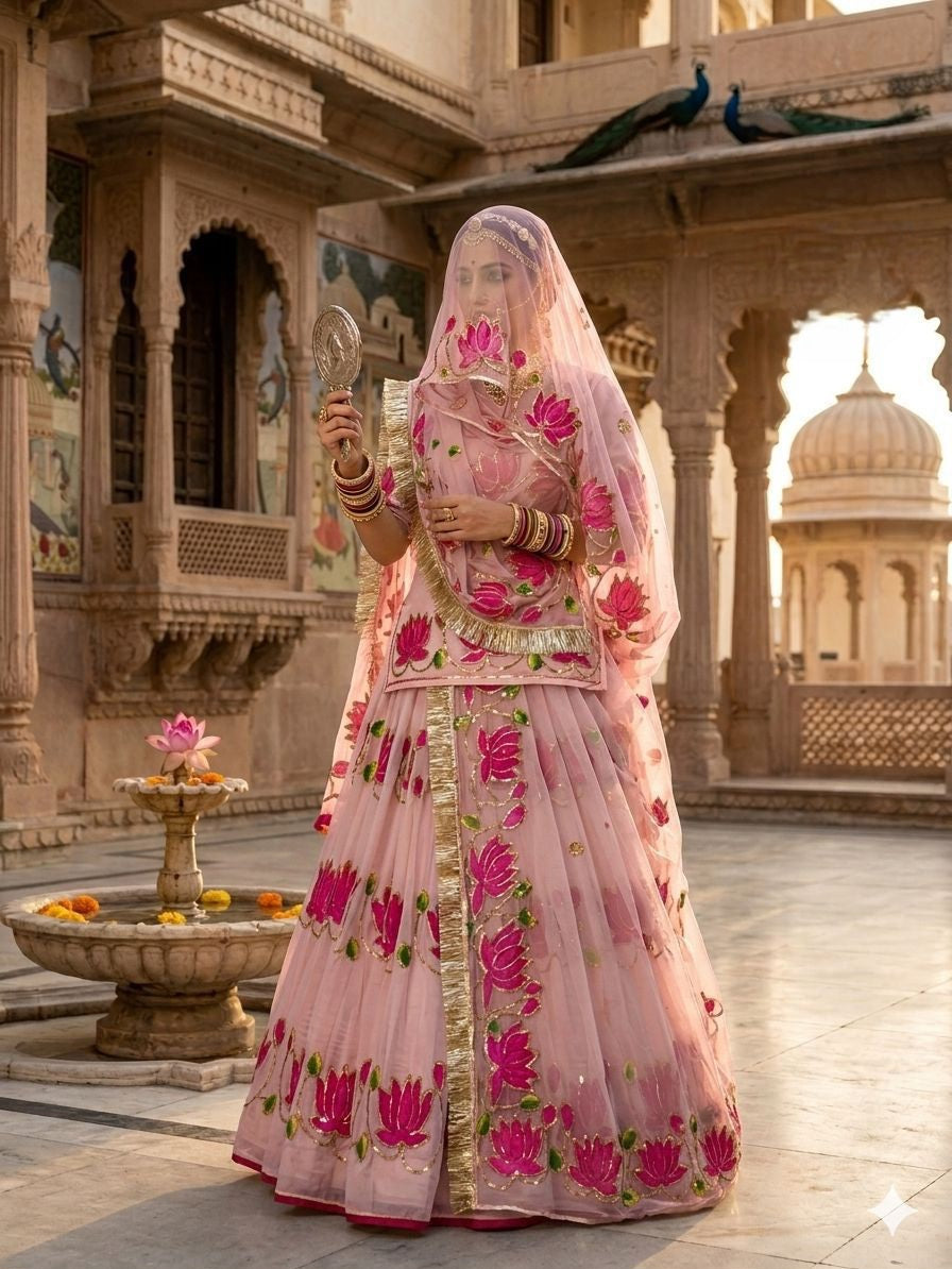 Rajputana Style Lotus Poshak | Natural Silk Handwork Designer Lehenga with Heavy Odhna