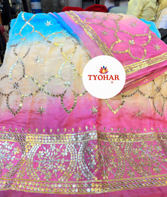 Luxury Natural Silk Rajasthani Poshak | Heavy Gotapati Work & Handwork Odhna | Upada Silk / Crepe Fabric