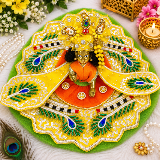 Tyohar Special Mor Pankh Moti Work Ladoo Gopal Poshak with Mukut | Designer Laddu Gopal Dress Set