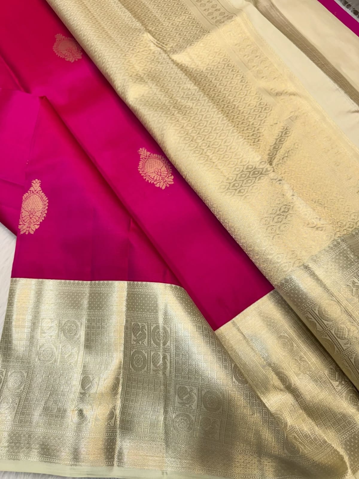 Rani pink Kanchipuram pure silk saree with Big contrast Border silk mark certified