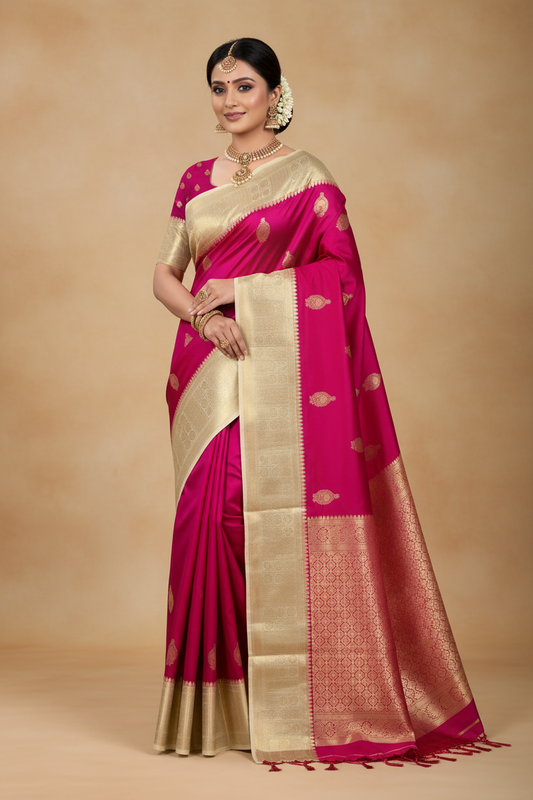 Rani pink Kanchipuram pure silk saree with Big contrast Border silk mark certified
