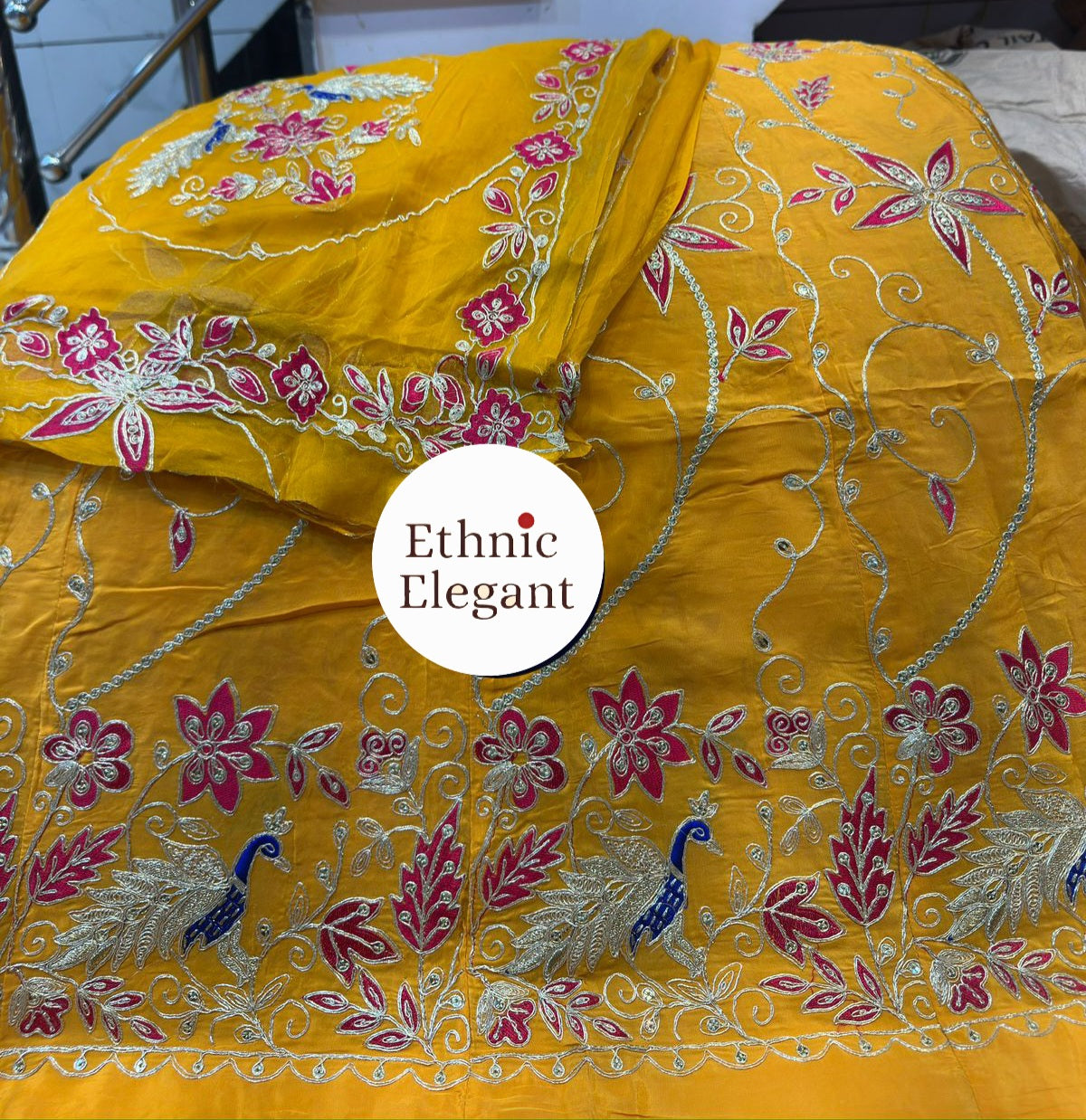 Luxury Natural Silk Rajputi Poshak Set | Heavy Patch Work & Handwork Odhna | Premium Ethnic Dress