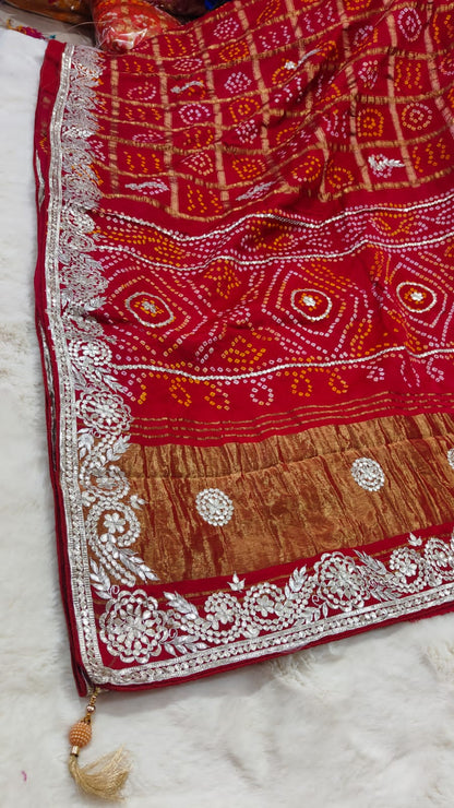 Pure Modal Gajji Silk Bandhej Saree with Heavy Zero Gota Patti Handwork