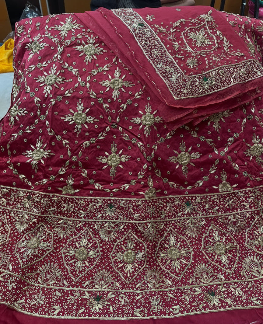 Elegant Bridal Poshak: Heavy Bember Satin, Pure Thakurji Odhna | Jardoji, Dabka & Aari Handwork